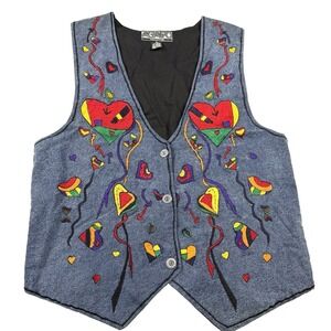 Embroidered Denim Vest Pride Rainbow Heart Size Medium Agapo India‎ Art Colorful